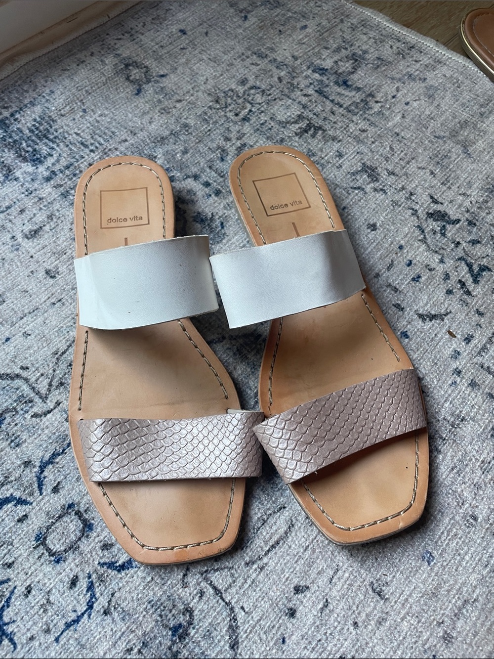 Dolce Vita Metallic Taupe and White Double-Band Slide Sandals